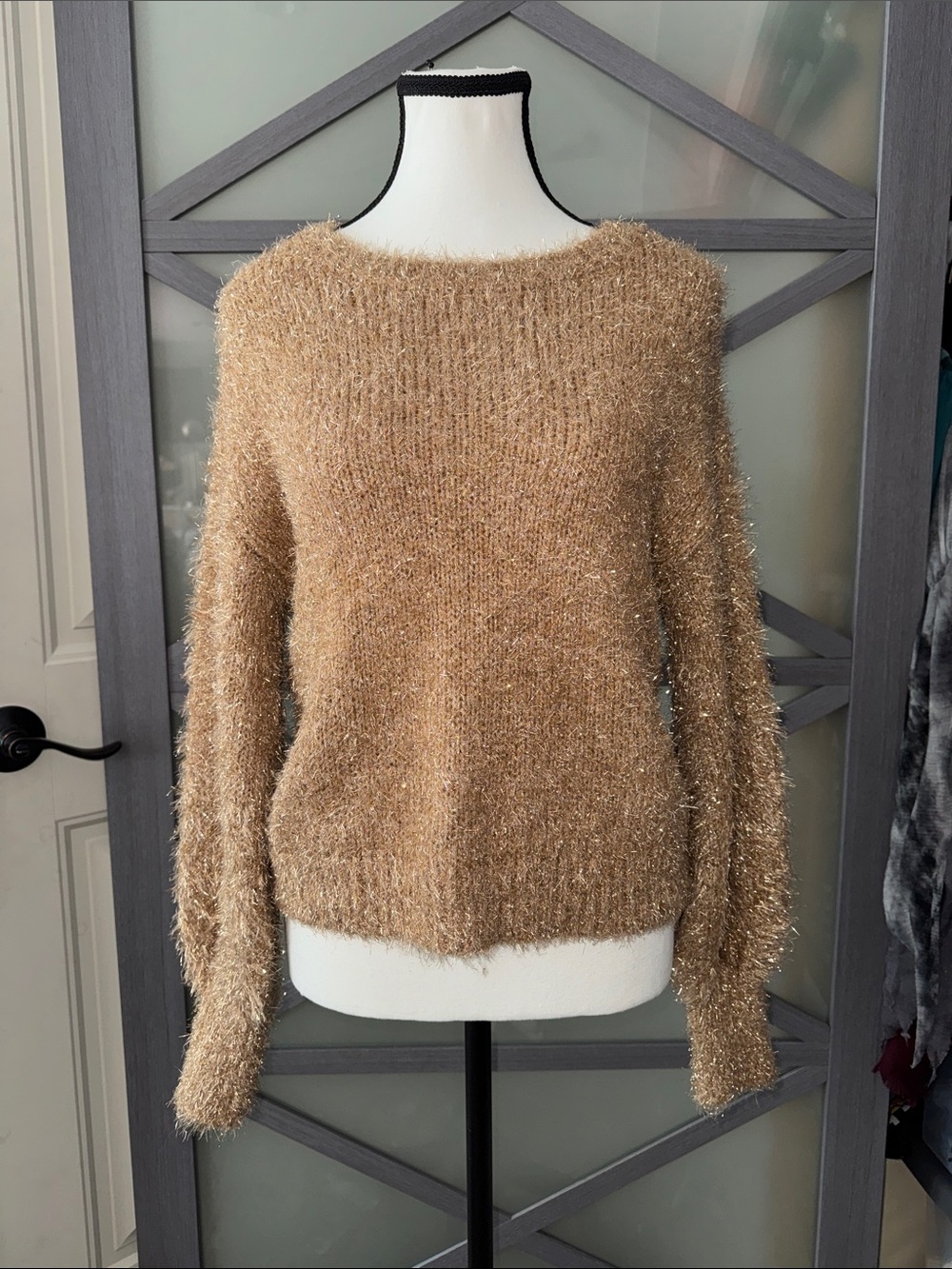 Cato Gold Metallic Eyelash Knit Open Back Tie Sweater Holiday Party XS
